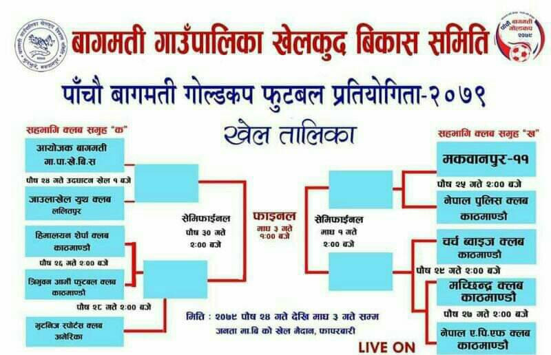 पाँचौं बाग्मती गोल्डकपको खेल तालिका सार्वजनिक