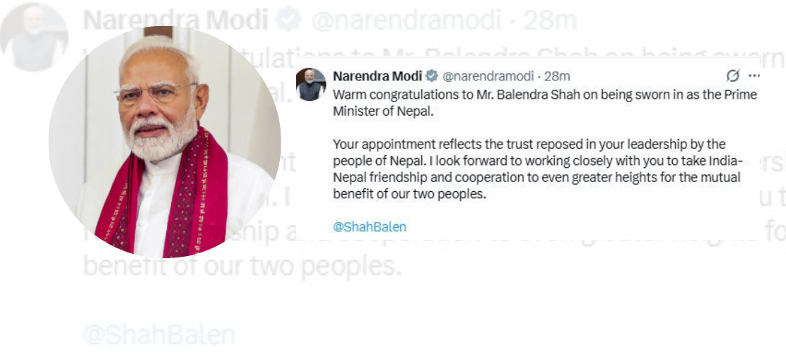 नवनियुक्त प्रधानमन्त्री बालेनलाई बधाई दिँदै नरेन्द्र मोदीले भने:नजिकबाट सहकार्य गर्न उत्सुक छु